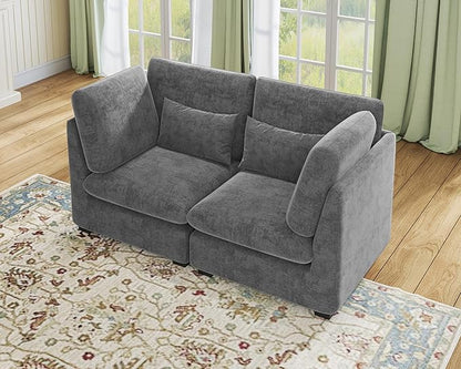 Oversized Modular Sofa, Extra Deep Cloud Chenille Sectional Couch with Ottoman Chaise, Fluffy Chenille 2 Seater Sofa Bed for Living Room, Villa (Loveseat Sofa, Chenille Grey)