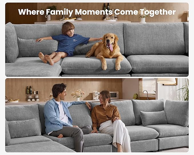 Oversized Modular Sofa, Extra Deep Cloud Chenille Sectional Couch with Ottoman Chaise, Fluffy Chenille 5 Seater Sofa Bed for Living Room, Villa (L Shape 5 Seater, Chenille Grey)