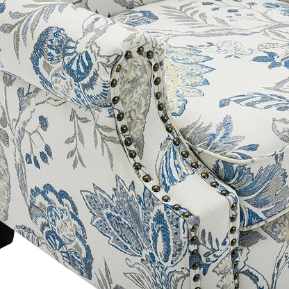UIXE High Back Floral Accent Chair, Upholstered Armchair in Fabric, Retro Printed Wingback Arm Chair for Living Room, Nailhead Trim Single Sofa Bedroom Reading Seat - Plants Blue