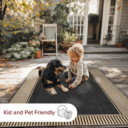 nuLOOM 6'7" Round Outdoor Area Rug, Casual Design With Striped Border, Stain Resistant, Highly Durable, For Patio, Balcony, Bedroom, Living Room, Dining Room, Bathroom, Dark Grey