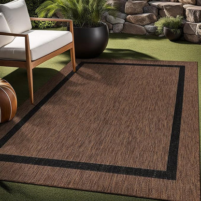Bordered Outdoor Rug 10x14 Washable Outside Carpet for Indoor Patio Porch Waterproof Easy Cleaning Non Shedding Area Rugs Nut Brown - Black 10 x 14