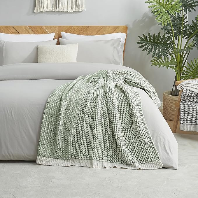 Amélie Home Chenille Waffle Throw Blanket for Couch, Reversible Pineapple Stitch Knit Soft Cozy Knit Blanket Lightweight Warm Decorative Throw for Sofa, Bed, Living Room, 60 * 80", Sage Green&Ivory