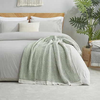 Amélie Home Chenille Waffle Throw Blanket for Couch, Reversible Pineapple Stitch Knit Soft Cozy Knit Blanket Lightweight Warm Decorative Throw for Sofa, Bed, Living Room, 60 * 80", Sage Green&Ivory