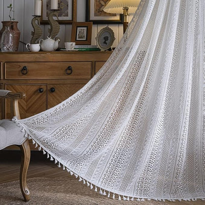 Sutuo Home Boho Curtains Crochet Lace Sheer Bohemian Stylish with Tassels, Window Treatment Privacy Vintage Rustic Farmhouse Drapes for Bedroom, Rod Pocket 1 Panel 59" W x 102" L, White