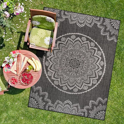 CAMILSON Outdoor Rug 6x9 Modern Area Rugs for Indoor and Outdoor Patios and Porches - Waterproof Washable Non-Shedding Easy-to-Clean Outside Carpet (6 x 9, Medallion - Dark Grey/Light Grey)