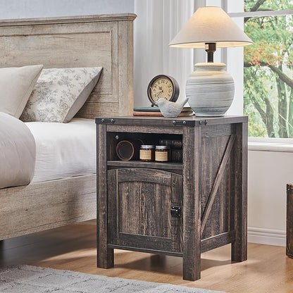 OKD Nightstand with Charging Station Set of 2, 18 Inchs Farmhouse End Table with Adjustable Storage Shelf, Rustic Wood Sofa Side Table for Bedroom