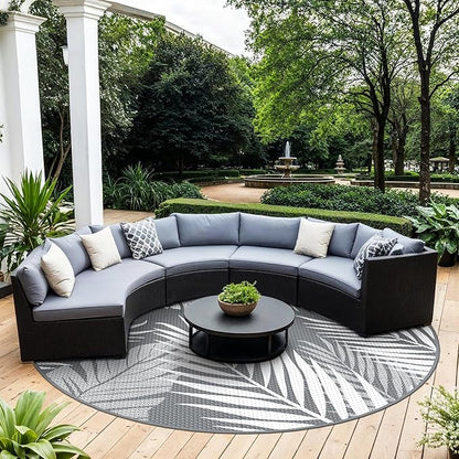 GENIMO Outdoor Rug 10' Round Waterproof for Patios Clearance, Reversible Outdoor Plastic Straw Camping Rug Carpet, Large Area Rugs Mats for RV, Camper, Deck, Balcony, Porch, Beach, Picnic, Grey&White