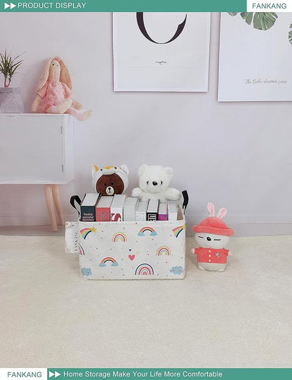 FANKANG Storage Bins, Nursery Hamper Canvas Laundry Basket Foldable with Waterproof PE Coating Large Storage Baskets for Kids Boys and Girls, Office, Bedroom, Clothes,Toys(Rec-Love Rainbow