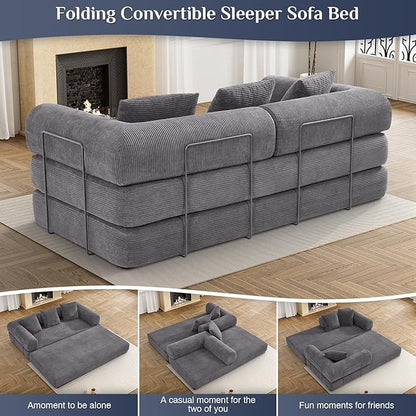 Convertible Sleeper Sofa Bed with Pillow, 4-in-1 Corduroy Folding Mattress Couch with Fixed-Shape Frame, Futon Fold Out Floor Sofa Cama Lounge Couch for Living Room Bedroom Studio, Grey