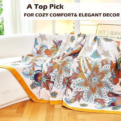Boho Throw Blanket, 100% Organic Cotton Breathable Ultra Soft Bed Quilt Throw - All Season Floral Bird Butterfly Farmhouse Decor Blanket for Sofa Couch Chair and Gift. 60" x 80"
