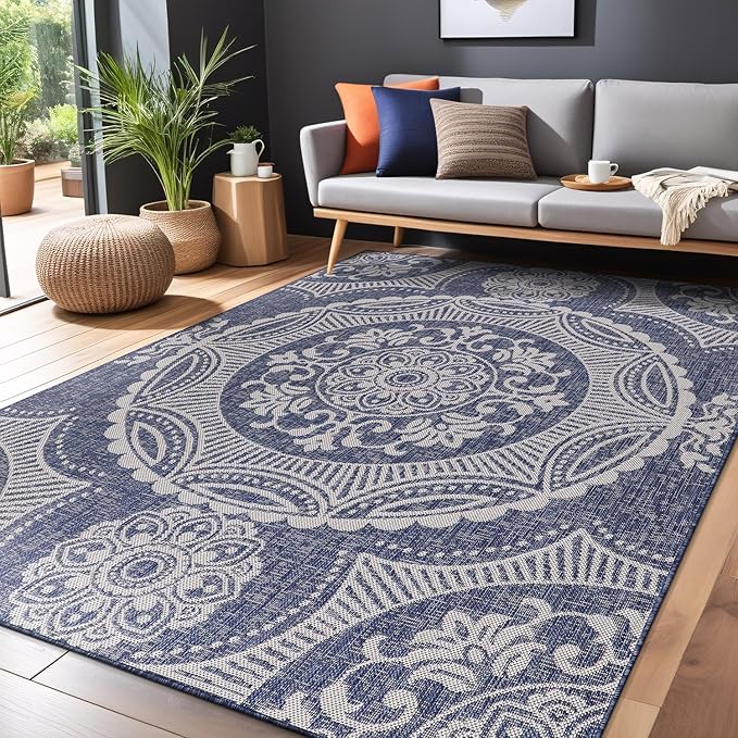 Medallion Outdoor Rug 5x7 Washable Outside Carpet for Indoor Patio Porch Waterproof Easy Cleaning Non Shedding Area Rugs Blue 5 x 7