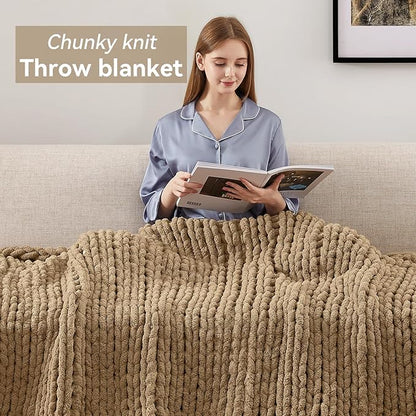 Chunky Knit Throw Blanket, 60''*80'' Knitted Throw Chenille Yarn for Bed Couch, Handmade Light Brown Crochet Big Thick Blanket, Machine Washable Cute Comfy Blanket for Home Decor
