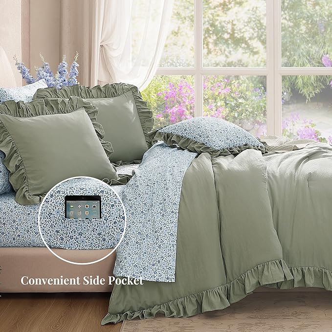 Queen Comforter Set - 7 Pieces Ruffle Sage Green Bedding Sets, Shabby Chic Farmhouse Bed in a Bag Queen with Ruffle Comforter, Floral Sheets, Pillowcases & Shams