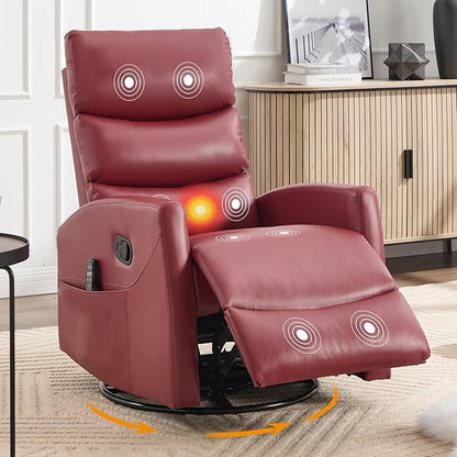 Manual Swivel Rocker Recliner Chair for Adults, Overstuffed Reclining Glider Chair for Nursing with Vibration Massage & Heat, Living Room Rocking Recliner 3-Stage backrest, Faux Leather Red