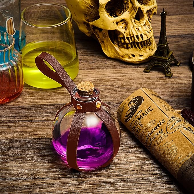 Patelai 2 Pcs Halloween Glass Potion Bottles with Belt Cork Renaissance Witch Costume Accessories Witch Props Potion Bottle for Halloween Party Decor Cosplay DIY Crafts Gift (Brown)