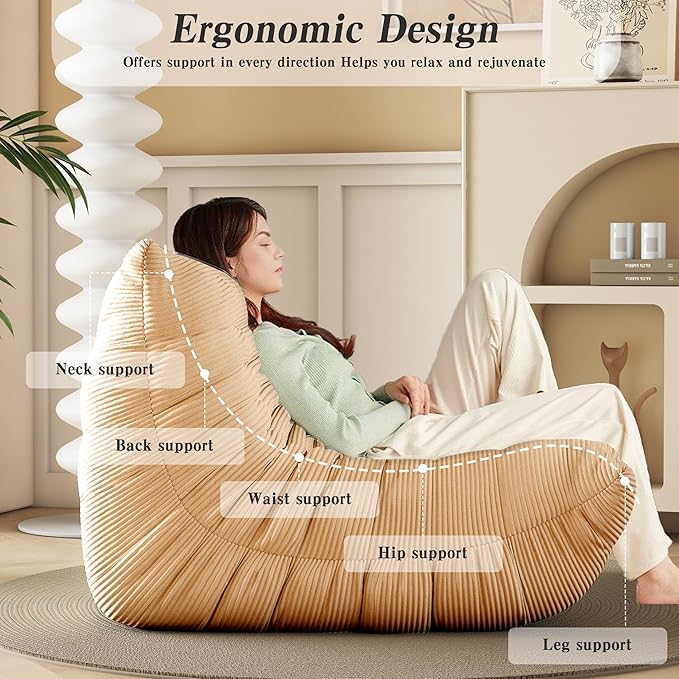 Bean Bag Chair, Lazy Floor Sofa Couch for Adults and Kids, Fireside Chair with Ergonomic Design, Memory Foam Lounge Chair for Living Room Bedroom, Office, Yellow