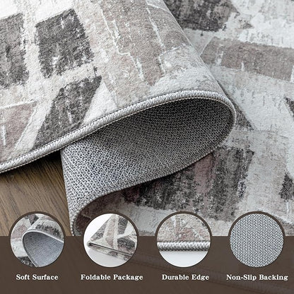 Modern Abstract 6X9 Area Rug for Living Room Bedroom Washable, with Non-Slip Rubber Backing Print Faux Wool Thin, Grey Throw Large Carpet for Kids Playroom Dining Room Pet & Child Friendly