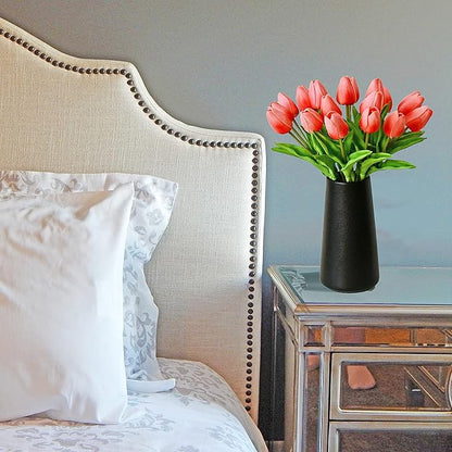 Mandy's Artificial Tulips 20 Stems Coral PU Faux Flowers for Wedding Home Decor 13.5 Inch