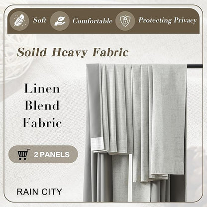 RAIN CITY Natural Blackout Curtains 96 Inch Long 2 Panels Set,Back Tab/Rod Pocket/Pleated Look with Hooks,Linen Blend Textured Rustic Farmhouse Heat Insulated Summer Drapes for Living Room 50W x 96L