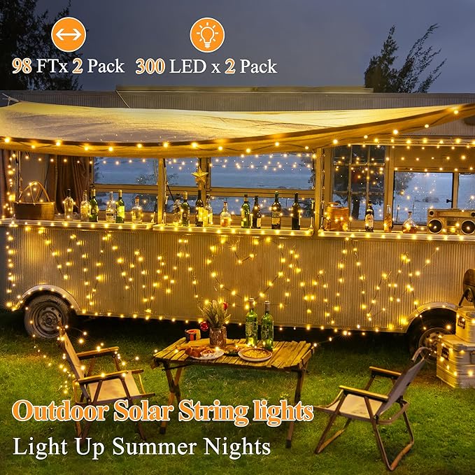 2 Pack Solar String Lights Total 600LED 197FT, IP67 Waterproof Solar Lights for Outside with 8 Modes, Fairy Lights for Patio Garden Party Wedding Yard Camping Decorations (Warm White)