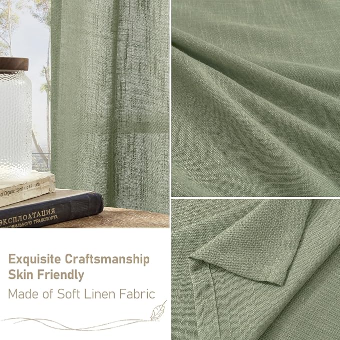LAMIT Linen Curtains 108 Inches Long for Living Room, Bronze Grommet Linen Textured Sheer Curtains Light Filtering Drapes for Boho Farmhouse, 2 Panels, 52 x 108 Inch, Sage Green