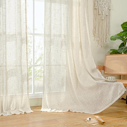 LAMIT Natural Ivory Linen Semi Sheer Curtains 84 inch Length, Cream Light Filtering Soft Thick Neutral Living Room Drapes with Bronze Grommet for Bedroom/Farmhouse, 2 Panels, 52 x 84 Inch