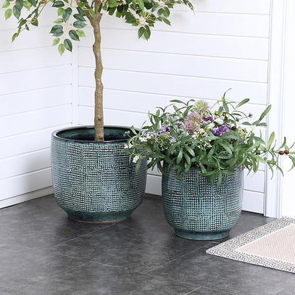 LuxenHome 15.5" Dia Large Ceramic Pots for Plants, Modern Green Glazed Planters for Outdoor Plants, Round Indoor Flower Pots with Drainage Hole and Rubber Plug for Home Garden Patio