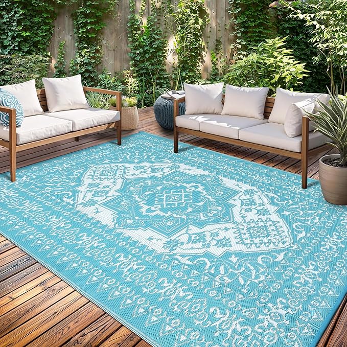 GAOMON Outdoor Rug Waterproof 9x18 Reversible Plastic Straw Rug, Large Rugs for Patio UV-Resistant Portable RV Camping Mats, Indoor Outdoor Medallion Carpet for Deck Porch Garden, Light Blue