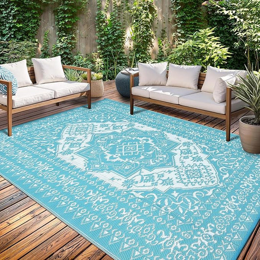 GAOMON Outdoor Rug Waterproof 9x18 Reversible Plastic Straw Rug, Large Rugs for Patio UV-Resistant Portable RV Camping Mats, Indoor Outdoor Medallion Carpet for Deck Porch Garden, Light Blue