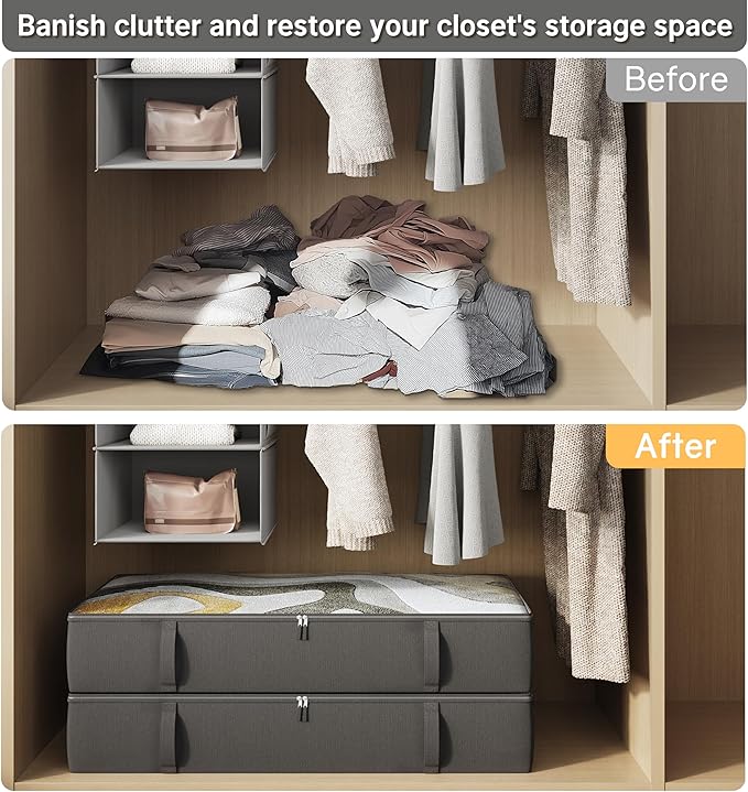 2-Pack Under Bed Storage Containers, 8 Inches Tall Underbed Clothes Storage Organizer Bin with Sturdy Sidewalls/Bottom, Under the Bed Storage Bags 2 Storage Bins, Black