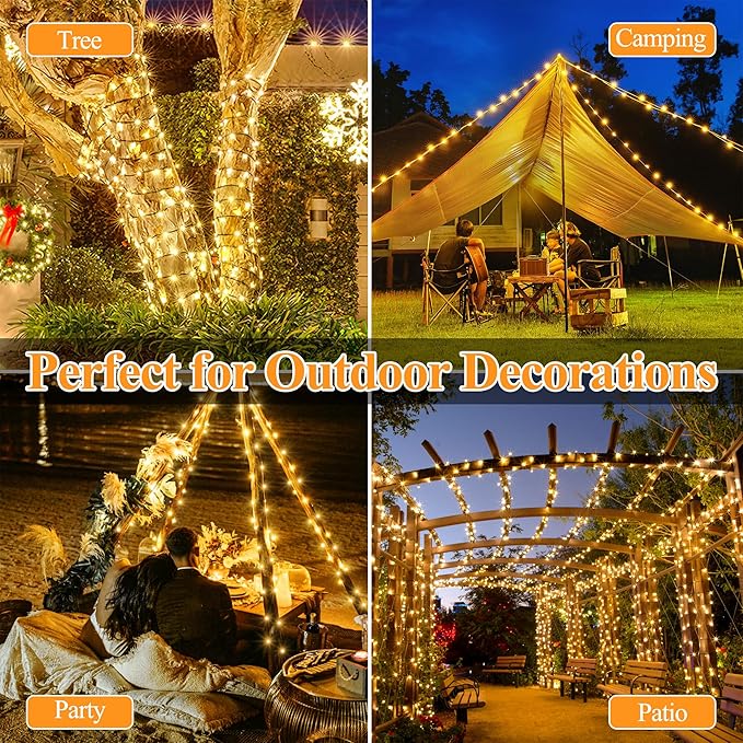 2 Pack Solar String Lights Total 600LED 197FT, IP67 Waterproof Solar Lights for Outside with 8 Modes, Fairy Lights for Patio Garden Party Wedding Yard Camping Decorations (Warm White)
