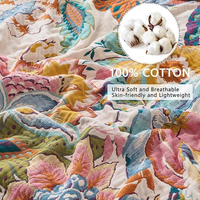 Boho Throw Blanket, Reversible Cotton Bohemian Tapestry Hippie Room Decor Double Sided, 100 Cotton King Size Bed Throw, Lightweight Summer Blanket for Travel, Sofa, Picnic,90"x98"