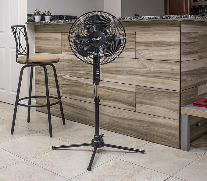 Comfort Zone Electric Oscillating Pedestal Fan, Stand Fan, 16 inch, 3 Speed, 90 Degree Oscillating Head, Adjustable Height and Tilt, Airflow 7.48 ft/sec, Ideal for Home, Bedroom & Office, CZST161BTEBK