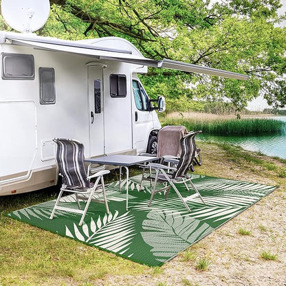 GENIMO Outdoor Rug 8' x 10' Waterproof for Patios Clearance, Reversible Outdoor Plastic Straw Camping Rug Carpet, Large Area Rugs Mats for RV, Picnic, Backyard, Deck, Balcony, Porch, Dark Green&White