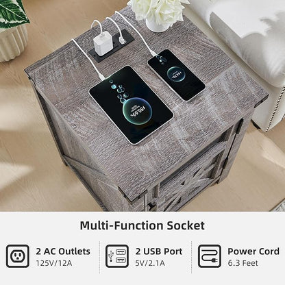 JXQTLINGMU Farmhouse End Table with Charging Station, 18'' Rustic Nightstand with Barn Door & Adjustable Shelf, Wooden Sofa Side Table with 3-Tier Storage for Living Room, Bedroom, Gray