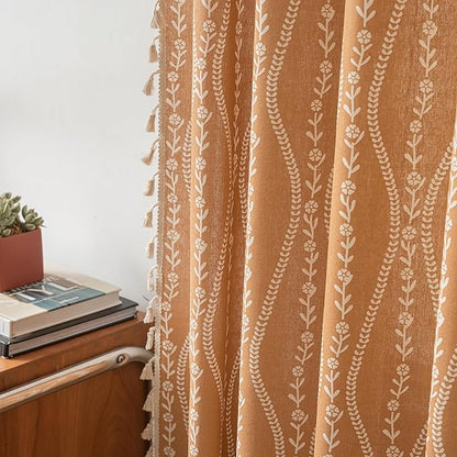 Sutuo Home Boho Curtains 63 Inches Length for Kitchen Bedroom, Printed Cotton Linen Rod Pocket Rustic Farmhouse Bohemian Tassels Window Treatment, 1 Panel 59" W x 63" L, Terracotta Stripe Florals