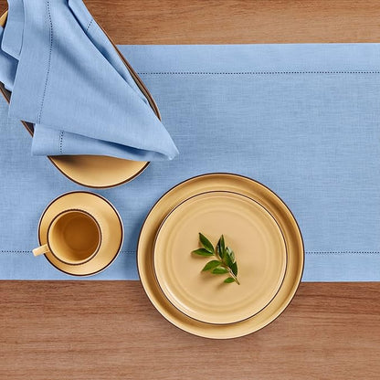 Solino Home Linen Cornflower Blue Table Runner 90 Inches Long - 100% Pure Linen Hemstitch 14 x 90 Inch Table Runner for Dining - Classic Hemstitch
