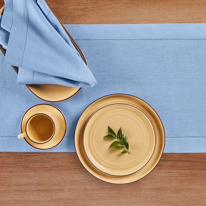 Solino Home Linen Cornflower Blue Hemstitch Table Runner 60 Inches - 100% Pure Linen Small Table Runner 14 x 60 Inch Ideal for Dresser and Coffee Tables - Classic Hemstitch