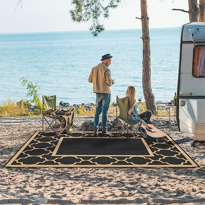 GENIMO 6' x 9' Outdoor Rug Waterproof for Patio Decor, Foldable Reversible Plastic Straw Area Rugs Mat for Camper, Outside Carpet for Rv, Deck, Porch, Picnic, Beach, Balcony, Black & Brown