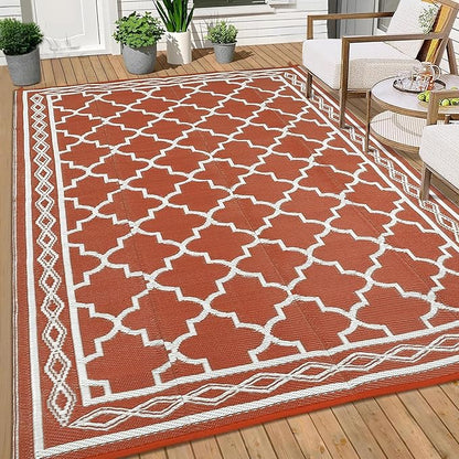 GAOMON Outdoor Plastic Straw Rug, 10'x20' Reversible Sage Green Patio Mat, Flower Modern Design for RV, Backyard, Deck, Camping, Picnic, Orange/White(Geometric)