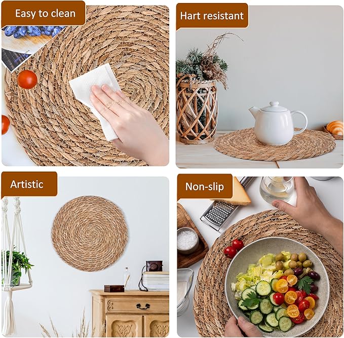 Defined Deco Woven Placemats Set of 10, 13" Round Rattan Placemats,Natural Hand-Woven Water Hyacinth, Farmhouse Weave Place Mats, Rustic Braided Wicker Table Mats for Dining Table, Home, Wedding