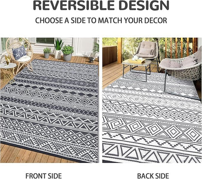 GAOMON Reversible Outdoor Rug 9'x18' Waterproof Plastic Straw Rug, Patio Rug, Large Modern Area Rug Carpet, Indoor Outdoor Rugs for Camping, Porch, Deck, Balcony, Backyard, Grey/White(Bohemia)