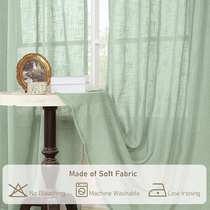 LAMIT Sheer Linen Curtains 63 Inch for Bedroom, Light Filtering Neutral Semi Sheer Farmhouse Boho Curtains Bronze Grommet Living Room Panels, Fresh Green, 2 Panels, 52 x 63 Inch