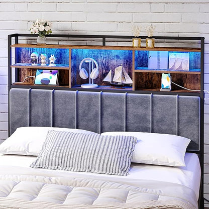 Headboard with 3-Tier Storage Shelves, Velvet Upholstered Head Board with 2 Outlets, USB Ports & LED Light, Soft Backrest for Queen Size Bed, Rustic Brown and Black BH15201BV1