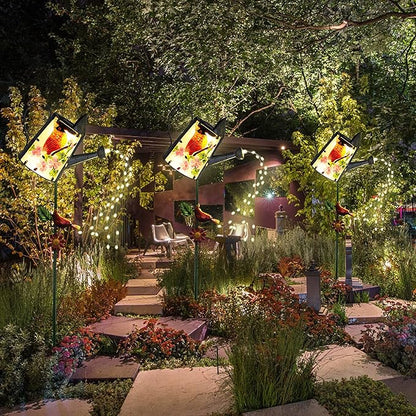 Garden Solar Lights Outdoor, Metal Watering Can Garden Stake Lights Cardinal Bird Decor Glass Art for Walkway, Pathway, Yard, Lawn