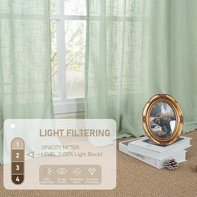 LAMIT Sheer Linen Curtains 63 Inch for Bedroom, Light Filtering Neutral Semi Sheer Farmhouse Boho Curtains Bronze Grommet Living Room Panels, Fresh Green, 2 Panels, 52 x 63 Inch
