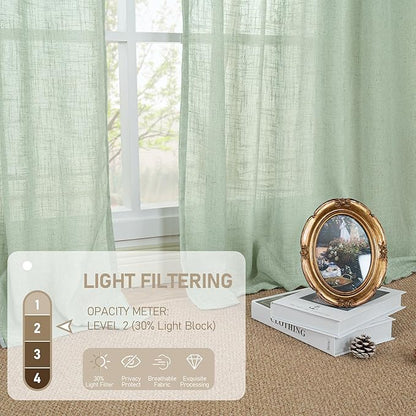LAMIT Linen Curtains 48 Inch Length 2 Panels, Light Filtering Panels Bronze Grommet Neutral Drapes for Kitchen/Window/Loft Room/Bedroom, 34 x 48 Inch, Fresh Green