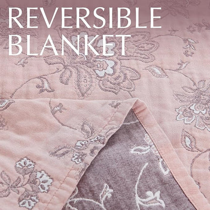 jinchan Boho 100% Cotton Muslin Queen Size 80x90 Inches Blanket Lightweight 4-Layer Quilted Soft Pink Multi Floral Throw Blanket Reversible Comfy Flower Rustic All Seasons Couch Bedroom Decor