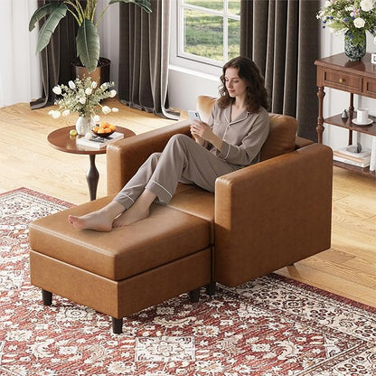 Faux Leather Oversized Accent Chair with Storage Deep Seat Single Sofa Large Reading Armchair for Living Room Bedroom Office Brown Set of 2