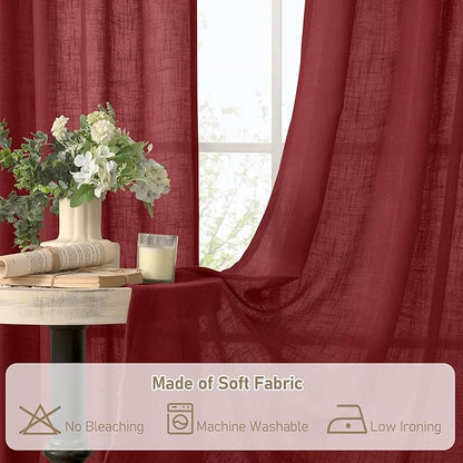 LAMIT Burgundy Red Linen Curtains 72 Inch for Living Room, Bronze Grommet Linen Textured Christmas Curtains Light Filtering Drapes for Bedroom/Dining Room, Set of 2, 52 x 72 Inch